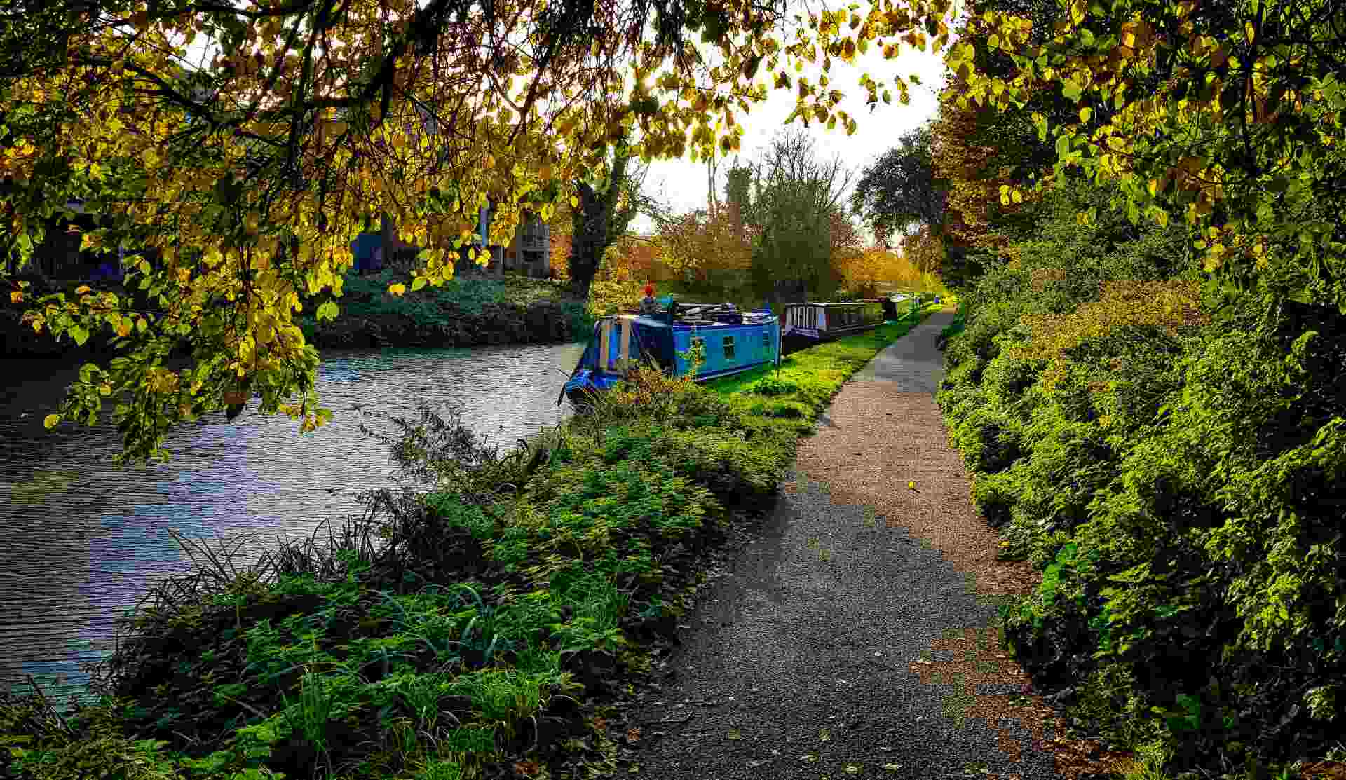 narrowboats lined along canal stetch