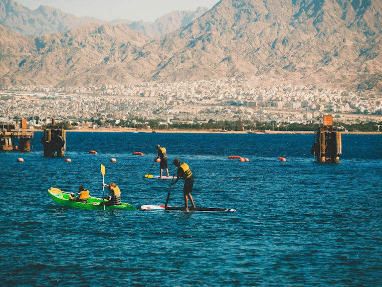 group of people paddle boarding